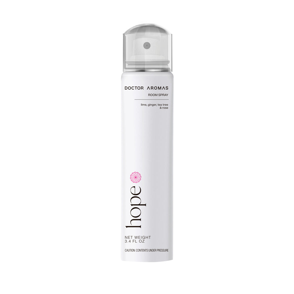 White cylindrical room spray bottle with clear cap, labeled Hope by Doctor Aromas. - Room Spray | Hope - Hope - Doctor Aromas