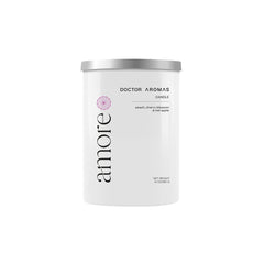 White cylindrical candle jar with silver lid, "amore" text and pink flower detail. - Candle | Amore - Amore - Doctor Aromas