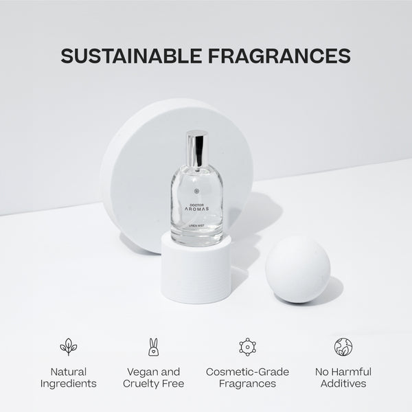 Clear glass bottle of Hope Pillow & Body Mist with silver cap on white round podium, white sphere nearby, minimalist. - Pillow & Body Mist | Hope - Default Title - Doctor Aromas