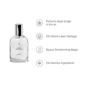 Clear glass bottle with silver cap labeled Hope Aromas pillow and body mist alongside benefits icons and text. - Pillow & Body Mist | Hope - Default Title - Doctor Aromas