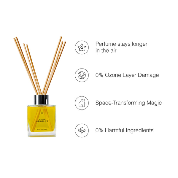 Square glass oil reed diffuser with yellow liquid and wooden reeds, labeled Hope, next to benefits icons and text. - Oil Reed Diffuser | Hope - Hope - Doctor Aromas