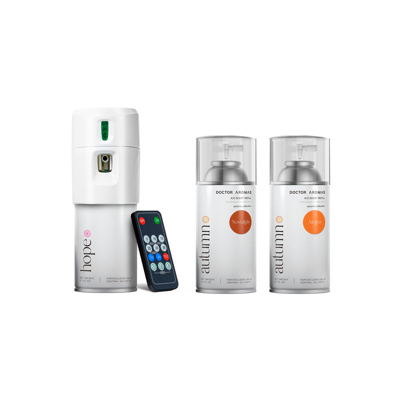 White automatic dispenser with translucent base, two silver and clear pump bottles labeled "autumn" with orange accents, and . - Seasonal Set | Fall Set - Fall Set - Doctor Aromas