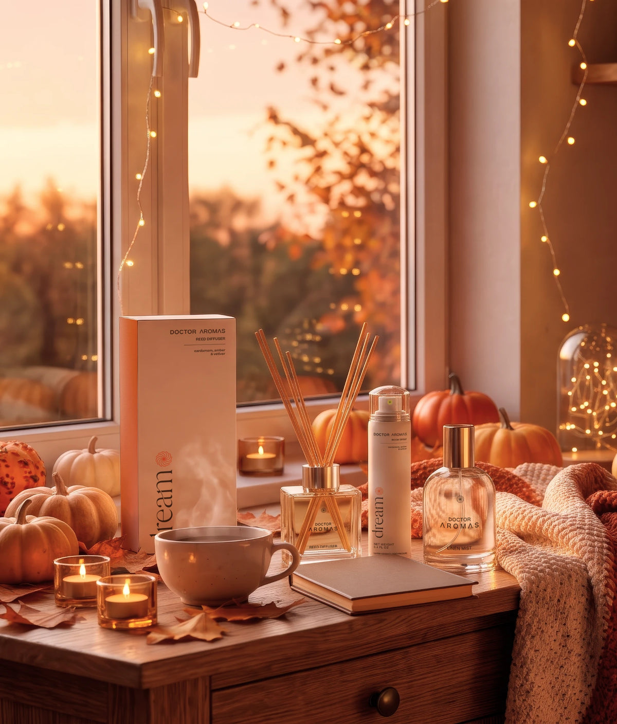 Doctor Aromas Dream reed diffuser, room spray and linen mist on a fall windowsill with pumpkins