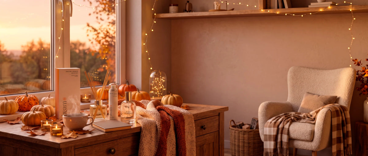 Doctor Aromas Dream reed diffuser, room spray and linen mist on a fall windowsill with pumpkins