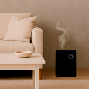 Compact black aroma diffuser releasing mist next to beige sofa and white coffee table with bowl.