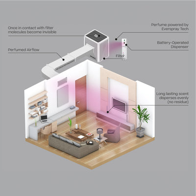 Compact white battery-operated A/C scenting system with filter, shown in a modern living room diagram emitting blush. - A/C Scenting System | Blush - Blush - Doctor Aromas