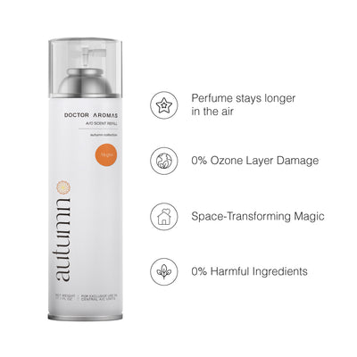 Tall white spray can with silver cap labeled Doctor Aromes Autumn A/C scenting system, with icons highlighting long-lasting. - A/C Scenting System | Alegria - Alegria - Doctor Aromas