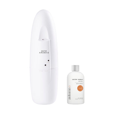 White sleek plug-in diffuser with minimal buttons and small essential oil bottle labeled Alegria. - Plug-In Diffuser | Alegria - Alegria - Doctor Aromas
