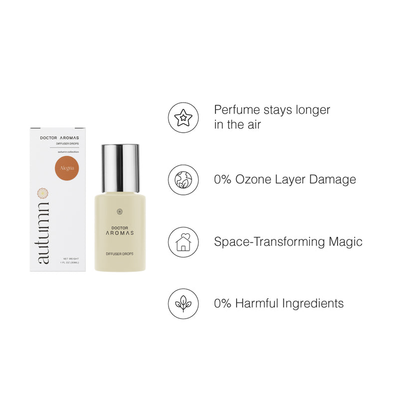 Alegria diffuser drops bottle with silver cap and autumn scent box on white background. - Diffuser Drops Twin Pack | Alegria - Alegria - Doctor Aromas