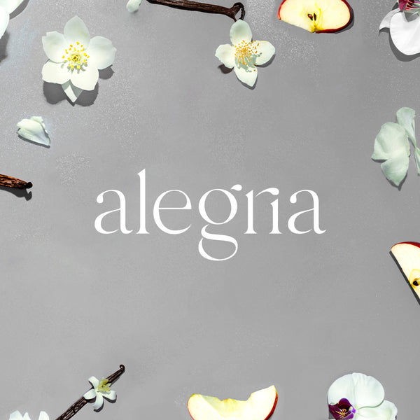 Alegria white text logo on gray background with scattered white flowers, apple slices, and vanilla pods. - Mist Refill Twin Pack | Alegria - Alegria - Doctor Aromas
