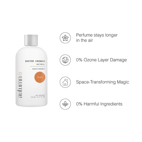 White bottle of Doctor Aromas Autumn mist refill with silver cap and orange label detailing. - Mist Refill Twin Pack | Alegria - Alegria - Doctor Aromas