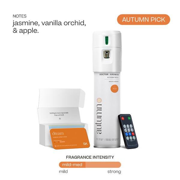 White tall A/C spray dispenser labeled Autumn with black remote and orange scent refill box. - Doctor Aromas A/C Scenting System - A/C Spray Dispenser with Remote Control, Customizable Scent Experience, Vegan & Cruelty-Free, 17.1 oz Fragrance Oil, Whole Home Freshener, Battery Operated, Non-Toxic, Cosmetic Grade Scents - Hope® - Doctor Aromas