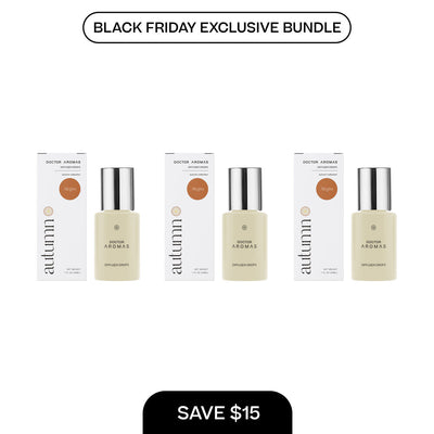 Three amber glass diffuser drop bottles with silver caps, each paired with a white box labeled Autumn, Black Friday. - Diffuser Drops x3 | BFCM Exclusive Bundle - Hope - Doctor Aromas