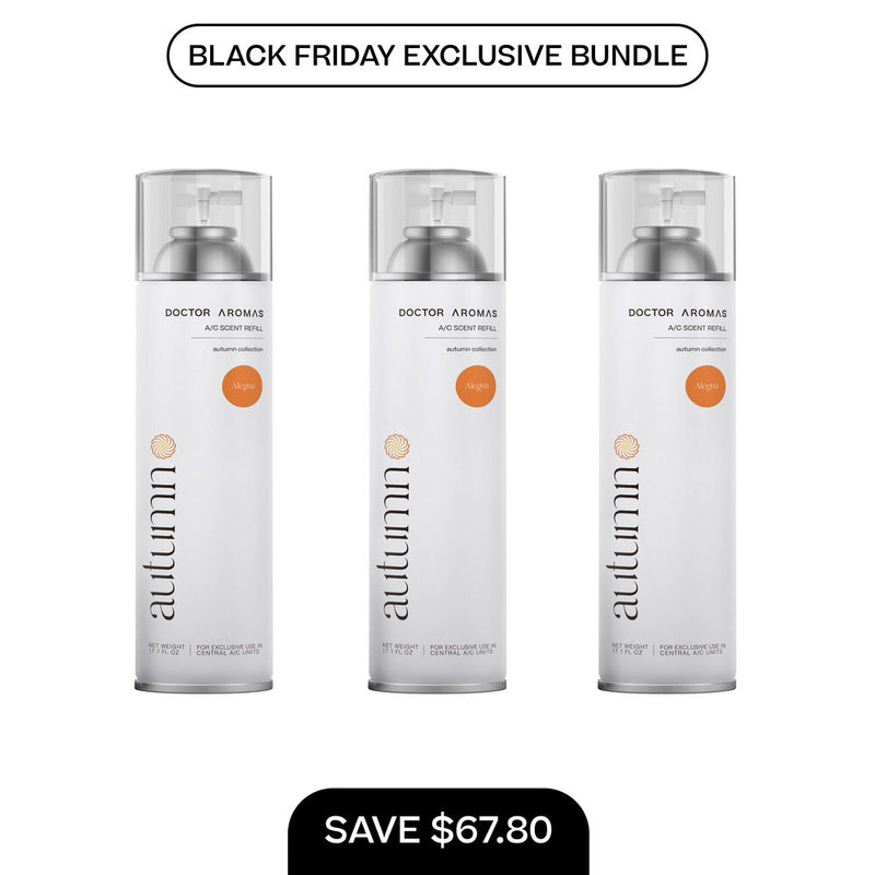 Set of three 17.1 oz white plastic A/C scent refill bottles with silver spray tops and autumn label design. - A/C Scent Refill 17.1 oz x3 | BFCM Exclusive Bundle - Hope - Doctor Aromas