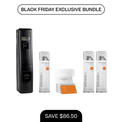 Black A/C scenting system with digital display, two tall white refill cans, and open white refill box with orange label. - A/C Scenting System Pro + 2x 17.1 OZ Refills | BFCM Exclusive - Hope - Doctor Aromas