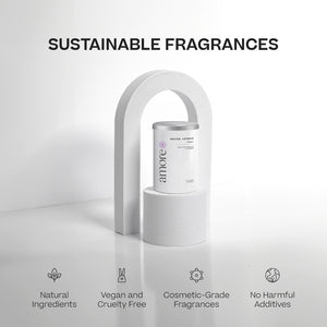 White Amore candle in minimalist white container displayed on a modern white stand with "Sustainable Fragrances" text above. - Candle | Amore - Amore - Doctor Aromas
