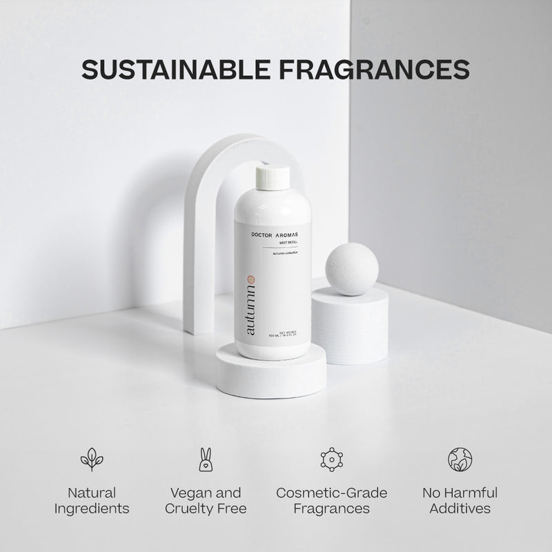 Two white cylindrical mist refill bottles on a white round tray with minimalist black text and icons showcasing sustainable. - Mist Refill Twin Pack | Nostalgia - Nostalgia - Doctor Aromas