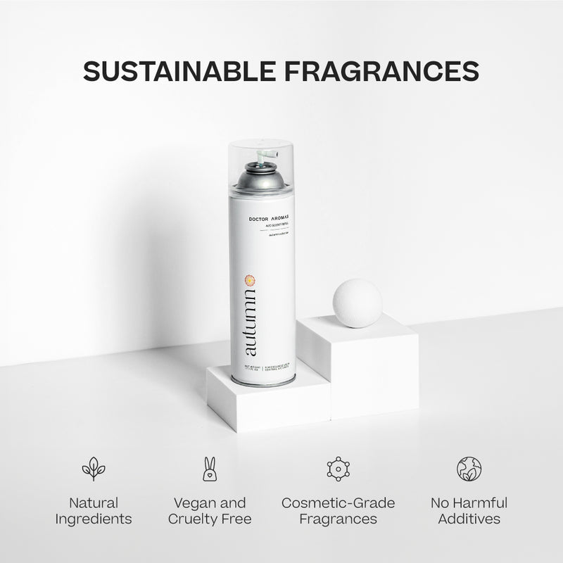 Tall white cylindrical scent spray can with minimalist black and orange text on white platform. - A/C Scenting System Pro | Nostalgia - Nostalgia - Doctor Aromas