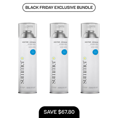 Three tall, cylindrical A/C scent refill bottles with clear caps and white labels reading "summer" and "DOCTOR ADAMS" in. - A/C Scent Refill 17.1 oz x3 | BFCM Exclusive Bundle - Hope - Doctor Aromas