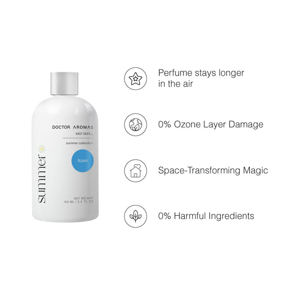White cylindrical bottle with silver cap labeled Doctor Aromas Summer, blue circle branding on front. - Aroma Diffuser 500 | Azure - Azure / Black - Doctor Aromas