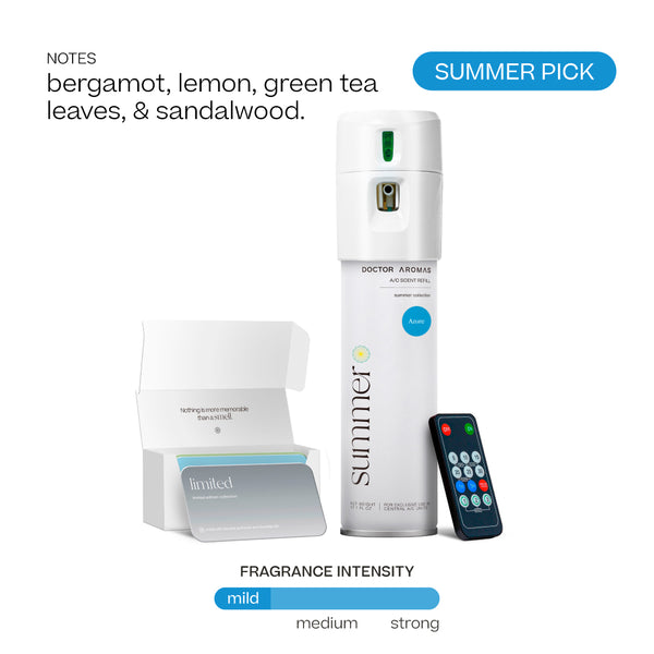 White Doctor Aromas A/C scenting system with remote, summer scent oil, and open box. - Doctor Aromas A/C Scenting System - A/C Spray Dispenser with Remote Control, Customizable Scent Experience, Vegan & Cruelty-Free, 17.1 oz Fragrance Oil, Whole Home Freshener, Battery Operated, Non-Toxic, Cosmetic Grade Scents - Hope® - Doctor Aromas