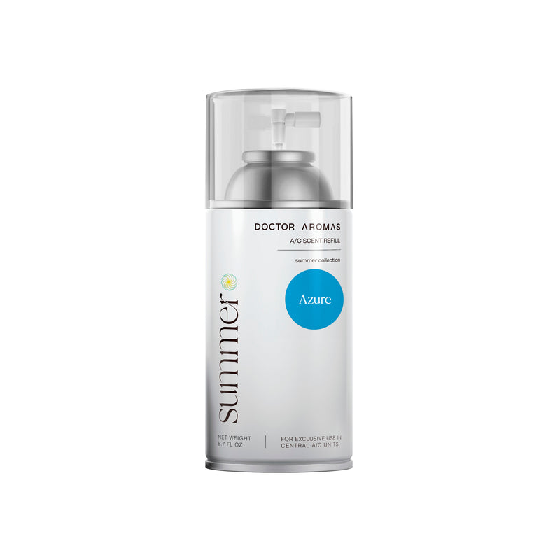 Silver and white aerosol can with clear cap, labeled "summer" and "Azure" blue circle scent refill. - A/C Scent Refill | Azure - Azure / 17.1 OZ - Doctor Aromas