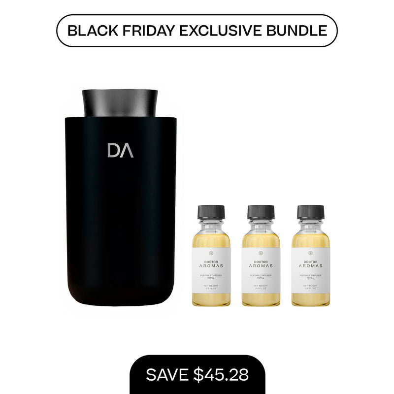 Matte black portable scent diffuser with sleek design and three small amber refill bottles with white labels. - Portable Scent Diffuser + 3x Refills | BFCM Exclusive Bundle - Hope / Black - Doctor Aromas