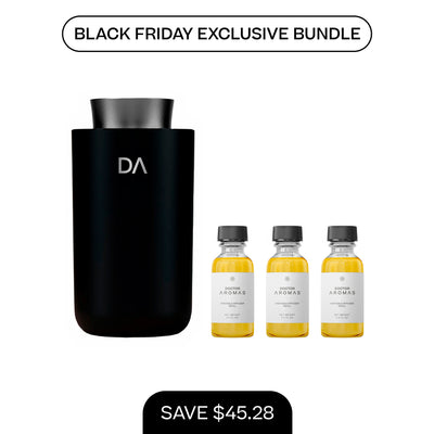 Black portable scent diffuser with DA logo and three small amber refill bottles with white labels. - Portable Scent Diffuser + 3x Refills | BFCM Exclusive Bundle - Hope / Black - Doctor Aromas
