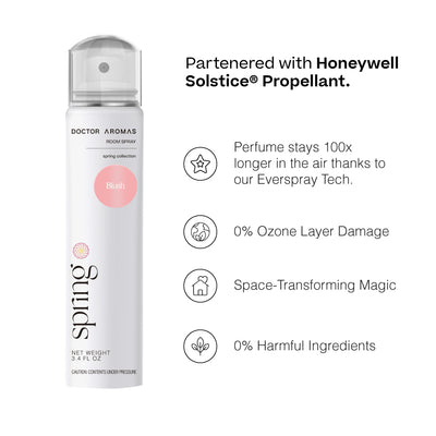 White and pink Doctor Aromas Springs room spray can with Honeywell Solstice Propellant and feature icons on white background. - Room Spray Bundle | Blush - Blush / Pack of 2 - Save $6 - Doctor Aromas