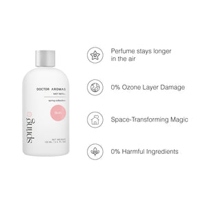 White plug-in diffuser refill bottle with silver cap and blush pink label on white background.