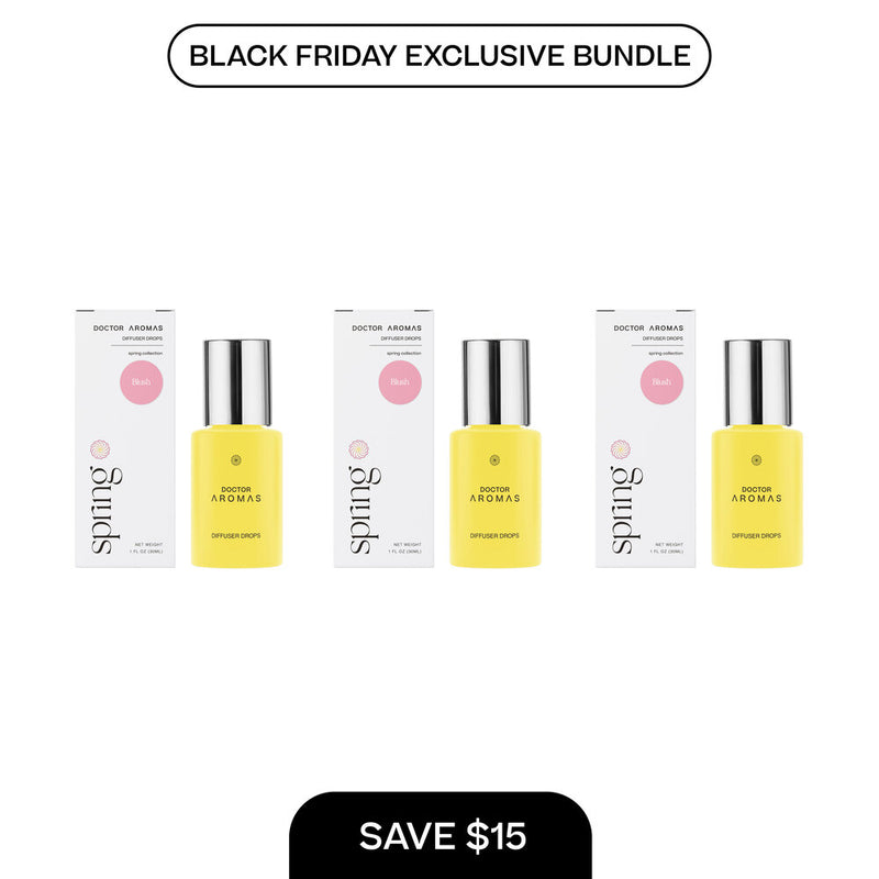 Three yellow diffuser drop bottles with silver caps, each paired with white boxes featuring minimal text and pink dots,. - Diffuser Drops x3 | BFCM Exclusive Bundle - Hope - Doctor Aromas