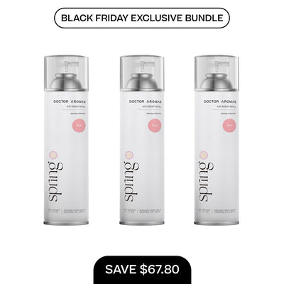 Three clear spray bottles with white labels and silver spray tops, labeled "Spring" air freshener refill pack. - A/C Scent Refill 17.1 oz x3 | BFCM Exclusive Bundle - Hope - Doctor Aromas