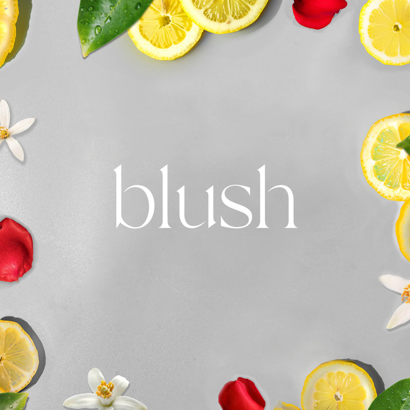 Gray background with "blush" text in white, surrounded by red rose petals, yellow lemon slices, green leaves, and white. - A/C Scenting System | Blush - Blush - Doctor Aromas