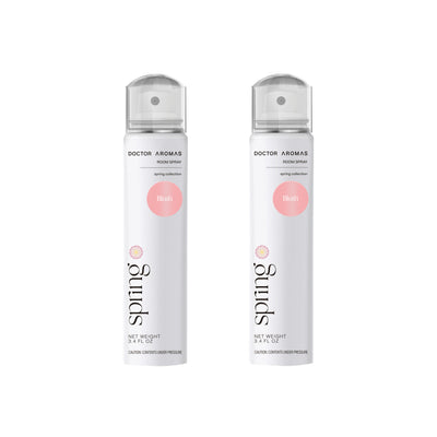 Two white cylindrical room spray bottles with silver caps, labeled "Doctor Aromas Spring" and featuring a pink circular logo. - Room Spray Bundle | Blush - Blush / Pack of 2 - Save $6 - Doctor Aromas