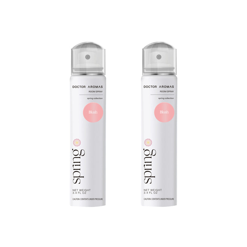 Two white cylindrical room spray bottles with silver caps, labeled "Doctor Aromas Spring" and featuring a pink circular logo. - Room Spray Bundle | Blush - Blush / Pack of 2 - Save $6 - Doctor Aromas