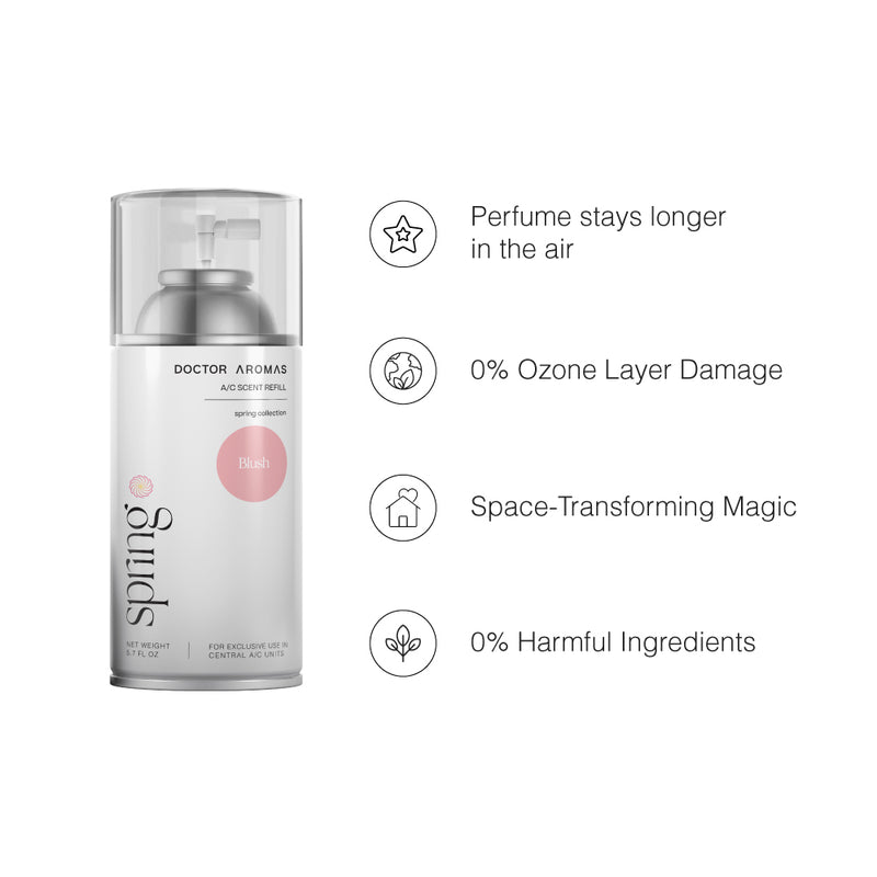 Clear cylindrical Mini A/C Scenting System with silver spray nozzle and blush pink label detailing scent variant Blush. - Mini A/C Scenting System | Blush - Blush - Doctor Aromas