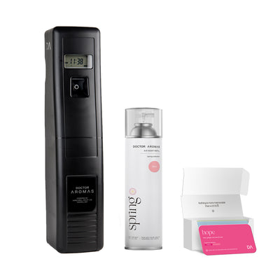 Black vertical A/C scenting system device with digital screen, white blush fragrance spray, and open white box with pink. - A/C Scenting System Pro | Blush - Blush - Doctor Aromas
