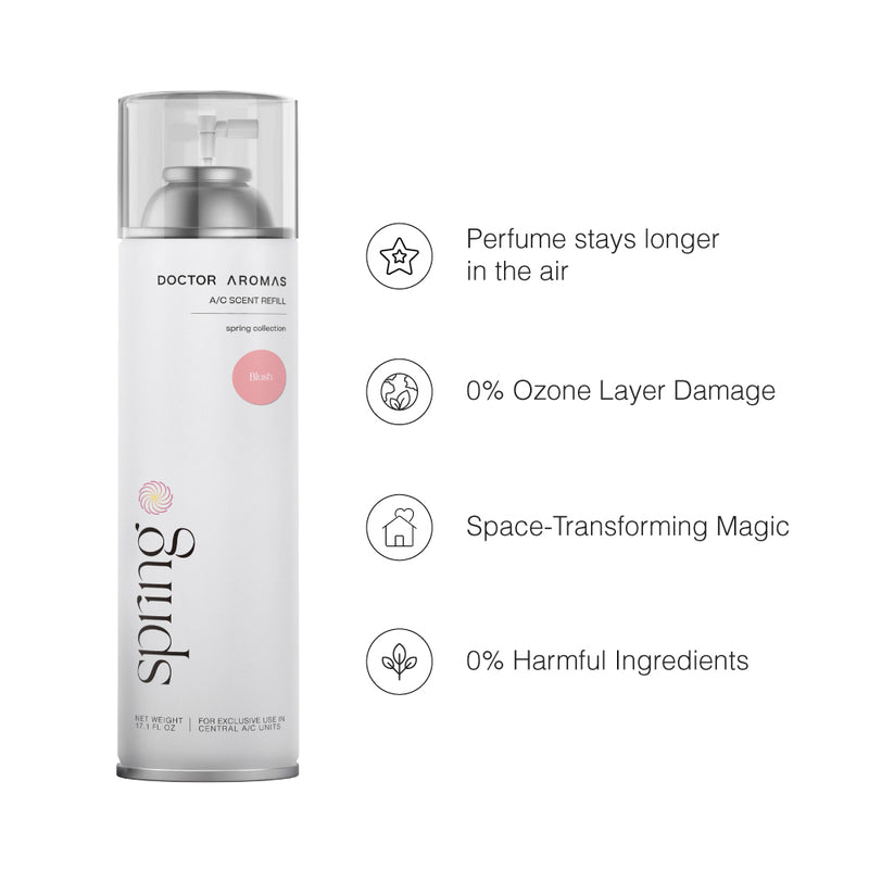 Tall white aerosol can with minimalistic pink and black text labeled Spring by Doctor Aromee Blush scent. - A/C Scenting System | Blush - Blush - Doctor Aromas