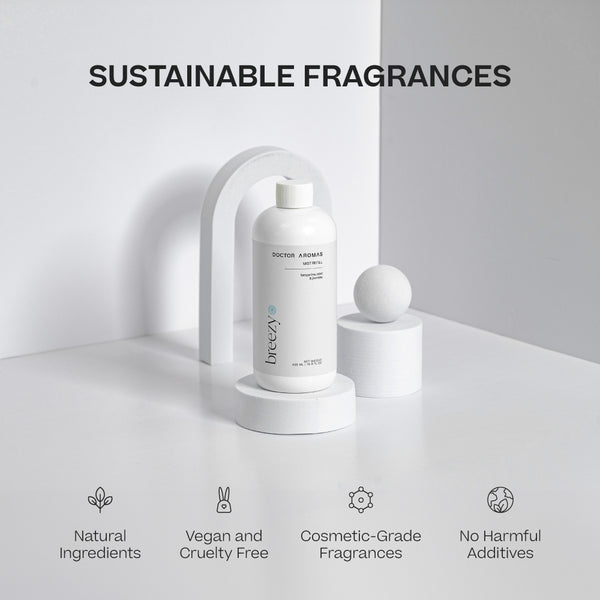 Two white cylindrical mist refill bottles labeled Breezy on round white pedestal with minimalist background. - Mist Refill Twin Pack |  Breezy - Breezy - Doctor Aromas