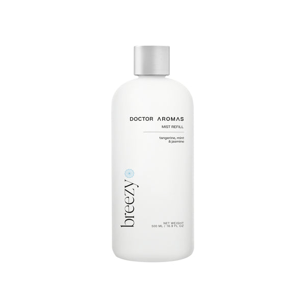 White 500ml Doctor Aromas Breezy mist refill bottle with minimalist black text and silver cap. - Mist Refill | Breezy - Breezy / 100 ml - Doctor Aromas