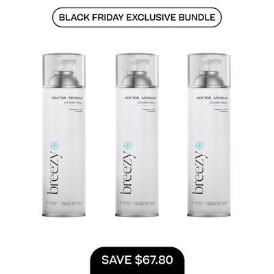 Three white Breezy A/C scent refill bottles with silver spray tops, labeled 17.1 oz each, on a white background. - A/C Scent Refill 17.1 oz x3 | BFCM Exclusive Bundle - Hope - Doctor Aromas