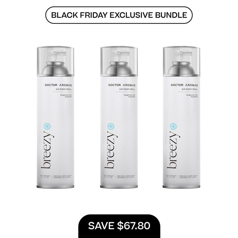 Three white Breezy A/C scent refill bottles with silver spray tops, labeled 17.1 oz each, on a white background. - A/C Scent Refill 17.1 oz x3 | BFCM Exclusive Bundle - Hope - Doctor Aromas