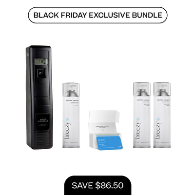 Black vertical A/C scenting system with digital screen, two white 17.1 oz fragrance refills, and blue scent card in open. - A/C Scenting System Pro + 2x 17.1 OZ Refills | BFCM Exclusive - Hope - Doctor Aromas