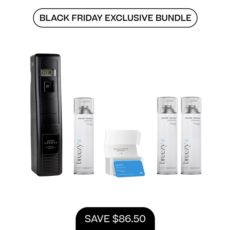 Black vertical A/C scenting system with digital screen, two white 17.1 oz fragrance refills, and blue scent card in open. - A/C Scenting System Pro + 2x 17.1 OZ Refills | BFCM Exclusive - Hope - Doctor Aromas