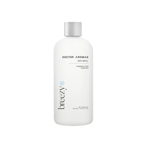White 500ml plastic bottle of Doctor Aromas Breezy mist refill with silver cap and minimalist black text.