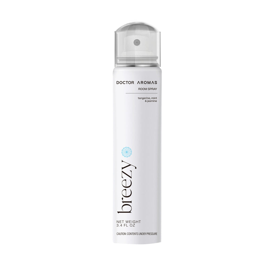Tall white cylindrical room spray bottle with clear cap and minimalist black and blue text on label. - Room Spray | Breezy - Breezy - Doctor Aromas