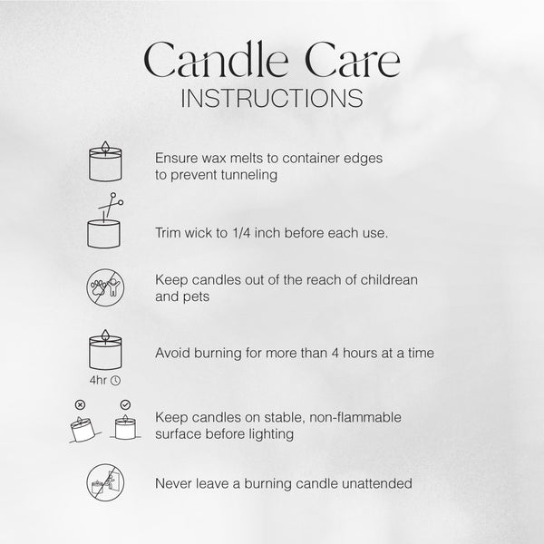 Candle care instructions text with icons on a white background. - Candle | Amore - Amore - Doctor Aromas