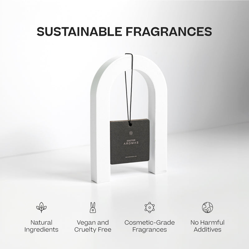 Black rectangular car perfume hanging diffuser with thin black sticks in white arch frame, labeled Pomelo. - Car Perfume | Pomelo - Pomelo - Doctor Aromas