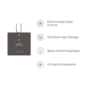 Four black square car perfume air fresheners with white text, each hanging by a black string, labeled Holiday variant. - Car Perfume x4 Bundle | Holiday - Holiday - Doctor Aromas