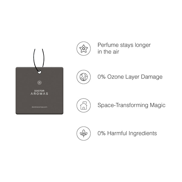 Four black square car perfume air fresheners with white text, each hanging by a black string, labeled Holiday variant. - Car Perfume x4 Bundle | Holiday - Holiday - Doctor Aromas